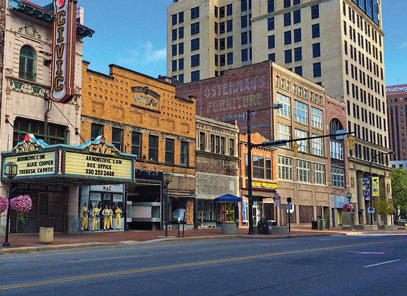 Downtown and view of buildings in Akron Ohio