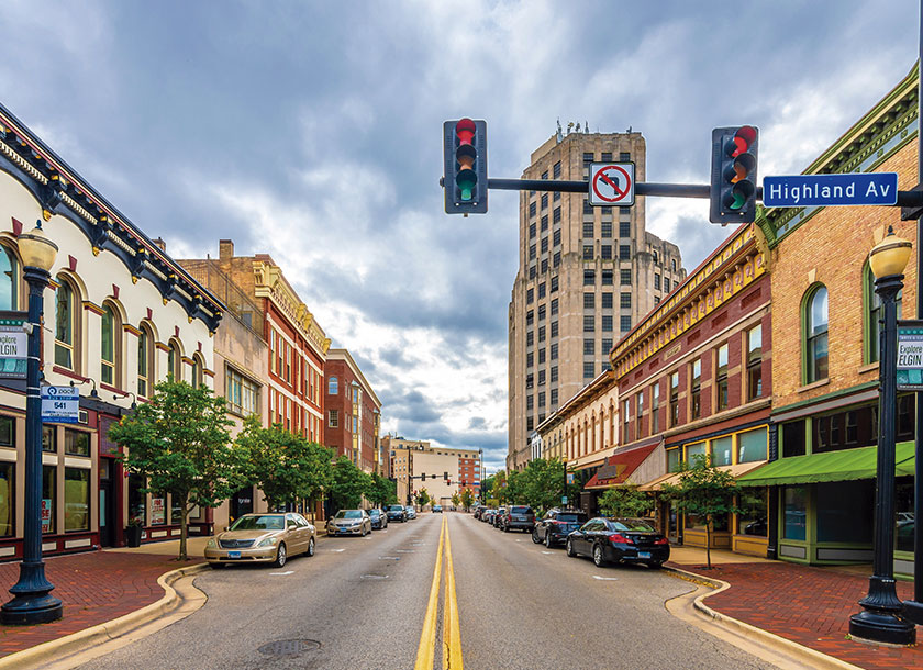 View of town street in Aurora Illinois