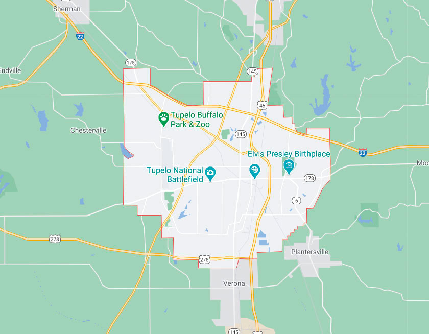 Map of Tupelo Mississippi