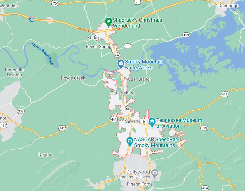 Map of Sevierville Tennessee