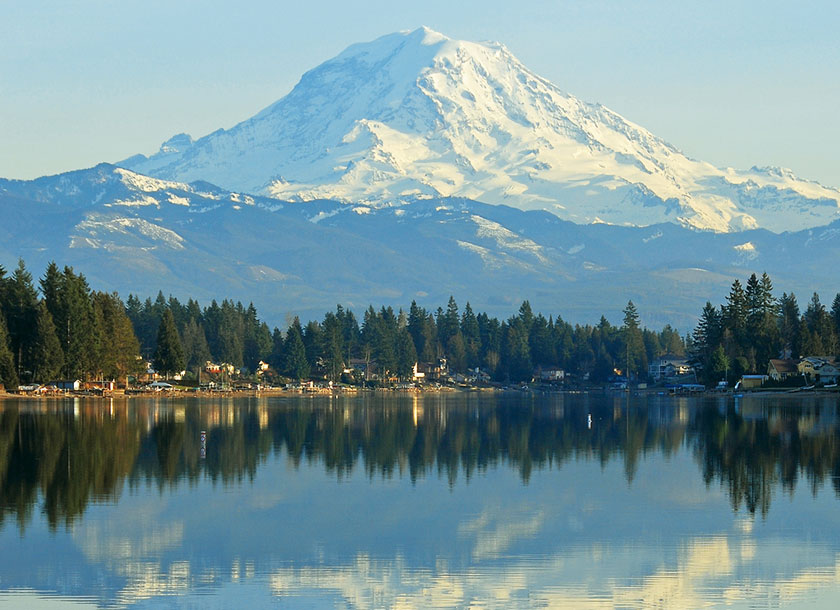 Mount Rainier reflecting in Lake tapps in Bonney Lake Washington